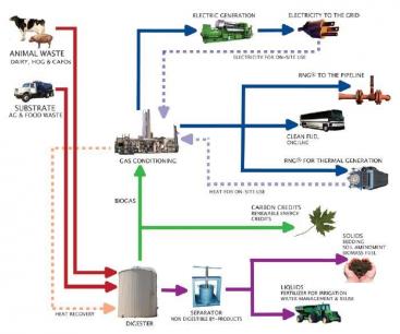 Biogas production form agriculture and food industry waste slurry. Products are electricity, clean fuel, carbon credits and liquid and solid fertiliser. Source: BIOPACT (2008)